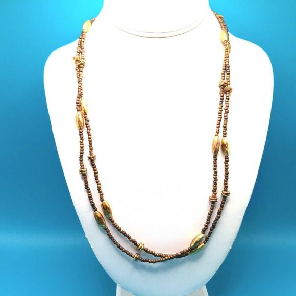 Chico's Long Beaded Necklace, Natural and Gold Tone Beads, 47 Inches, Layering - Picture 2 of 10